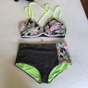 Maaji REVERSIBLE lime green and gray floral bikini